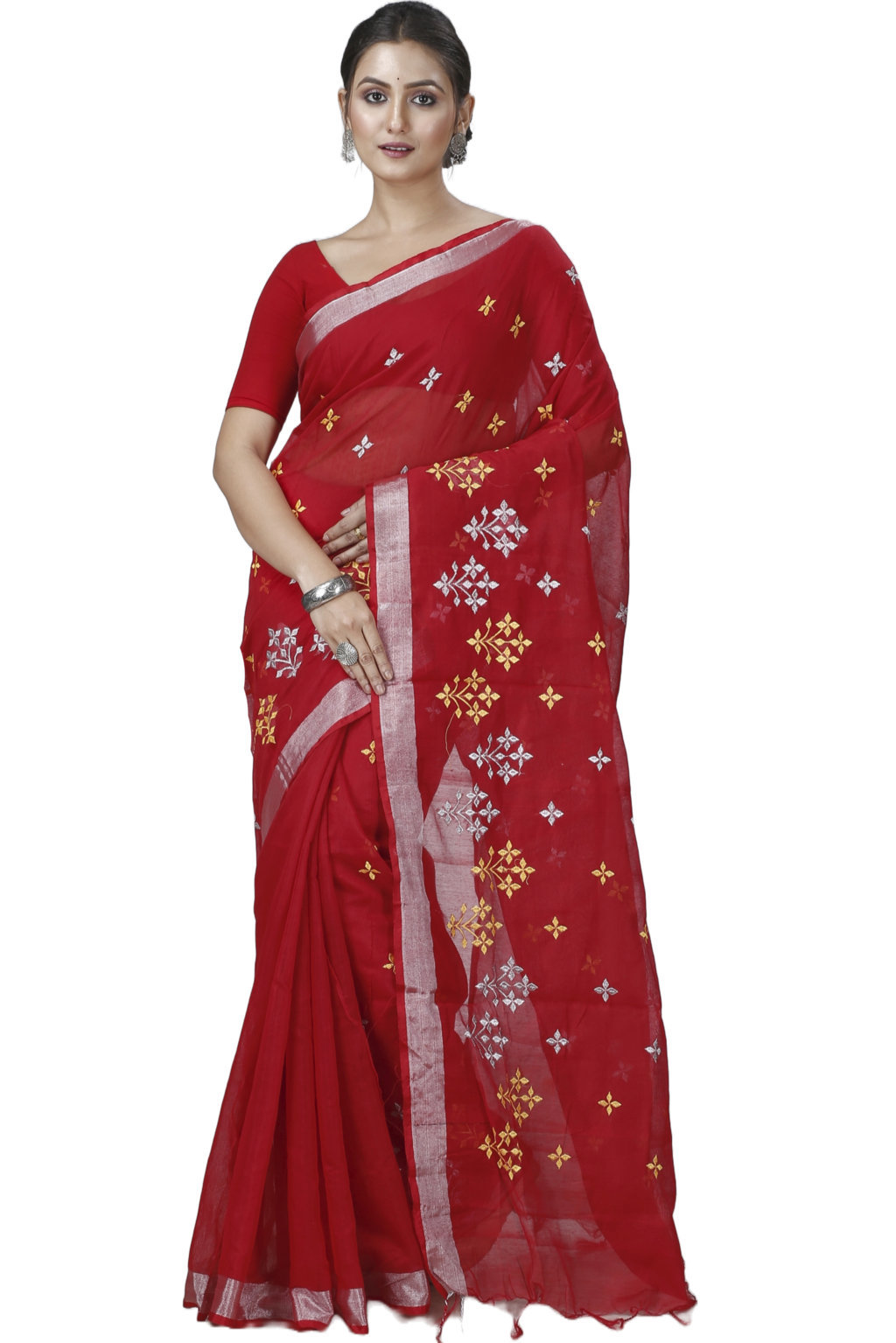 Red Blended Cotton Tamasi Hand Loom Saree (1208)